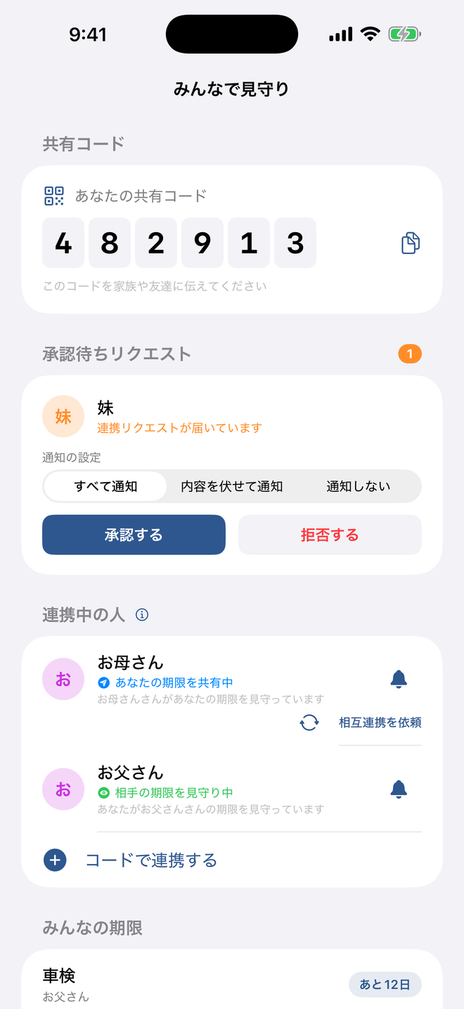 Mimoriの家族共有画面。共有コードと連携中の家族、共有された期限が表示されている